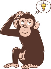 Cartoon monkey scratching head with thoughtful expression and light bulb idea in thought bubble, isolated vector illustration