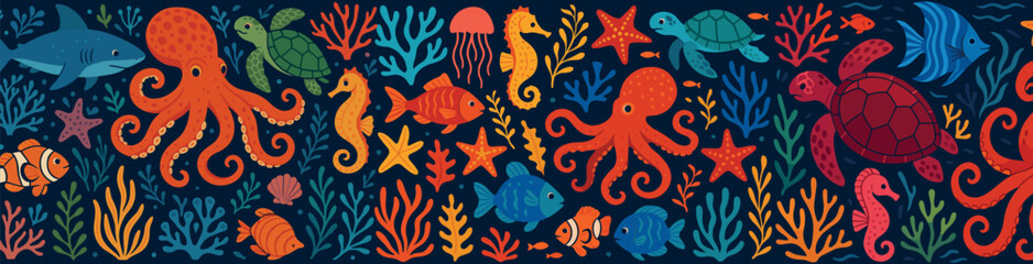 Colorful Seamless Underwater Pattern in Decorative Hand-Drawn Vector Style – Octopus, Seahorses, Turtles, Jellyfish and Tropical Coral Reef