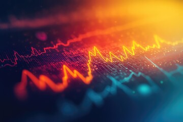 Abstract representation of data fluctuation, visualized with vibrant, dynamic waveforms on a digital screen.