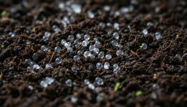 Closeup of polymer hydrogel granules spreading evenly on fertile soil demonstrating moisture retention in agriculture for enhanced crop growth and water efficiency.