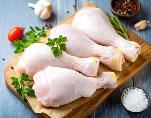 Raw chicken drumsticks on a cutting board