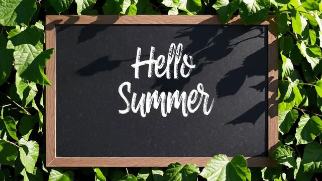 Celebrate summer with a vibrant chalkboard greeting in a lush garden setting
