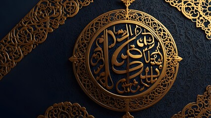 Islamic ornamental artwork with Arabic calligraphy in golden embossed style, surrounded by intricate geometric arabesque patterns, spiritual decorative design, cultural heritage, and traditional art 