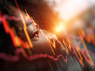 Focused Investor Analyzing Dynamic Stock Market Charts With Bright Neon Graphs and Reflections