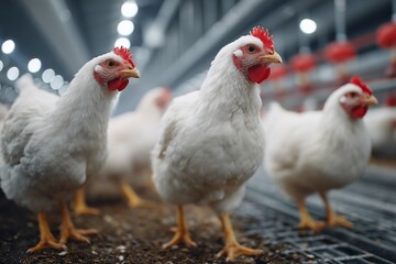 Fototapeta premium Modern poultry farming features hens with electronic drinkers and automated ventilation systems in a spacious facility