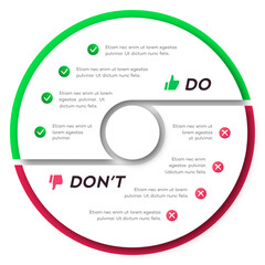 Circle chart infographic template do dont modern style for presentation, start up project, business strategy, theory basic operation, logic analysis. Venn diagram vector 10 eps