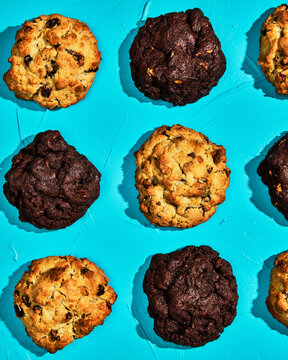 Close-Up of Chocolate Chip Cookies on Blue Background