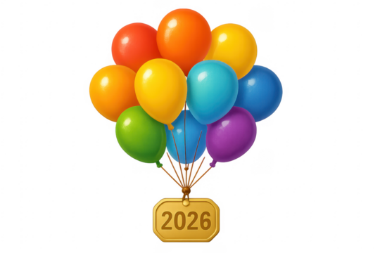 Colorful balloons holding a 2026 sign on transparent background