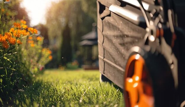 Low angle of a man pruning horticulture or hedge lawnmower machine cutting or trimming grass outdoors in his backyard on a sunny summer or spring day