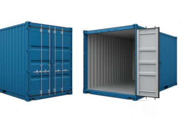 Pair of blue shipping containers, one sealed and one exposed, set against a clear backdrop, prepared for loading and shipping