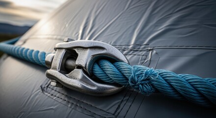 Macro shot of corrosionresistant metal anchor clamp gripping synthetic rope on inflatable dome perimeter.