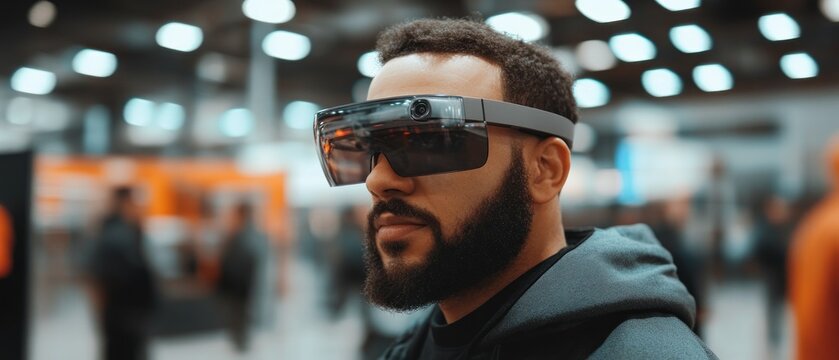 Man wearing futuristic smart glasses with camera indoor setting
