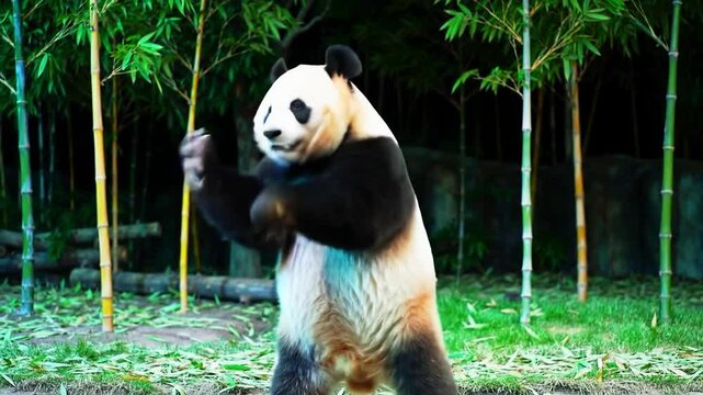 Cute panda dancing joyfully with an expressive pose in a fun animated cartoon character style