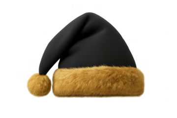 Black santa claus hat with brown fur on transparent background