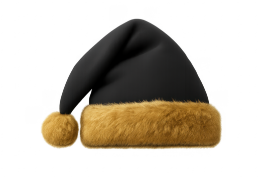Black santa claus hat with brown fur on transparent background