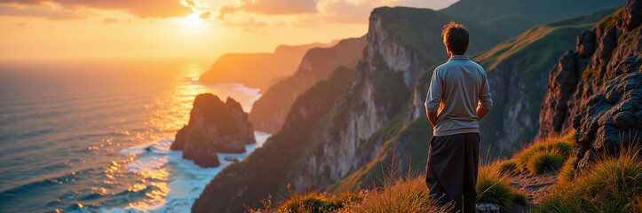 Person overlooking coastline at sunset, captivating view of dramatic cliffs meeting ocean under golden light. Contemplative person enjoys breathtaking coastline during peaceful sunset,
