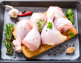 Raw chicken drumsticks on a wooden board with herbs and spices