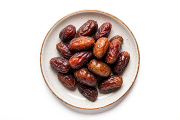 Dates fruits on a plate on a white background, top view, copy space. Organic dried dates.