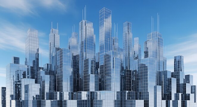 Futuristic glass city skyline with tall reflective skyscrapers against a clear blue sky, symbol of modern architecture, innovation and urban development.
