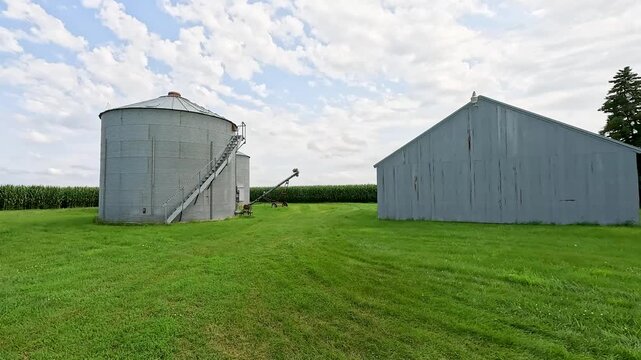 Country Farm Yard with Grain Bin, Auger, and Gray Pole Barn with Evergreen Trees and Cornfield in Background, Panning Across