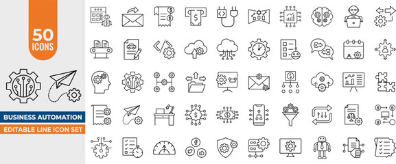 Business Automation Line Icon Set &ndash; Editable Stroke. Intelligent Process, Finance Automation, UI, Digital Optimization, BPM, Algorithm & Business Model Illustrations