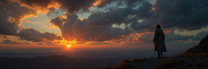 Fototapeta premium Person at sunset, standing on mountain peak during vibrant sunset. Figure gazes at horizon with scenic sunset, golden sun illuminating sky and clouds. Commercial sunset imagery for travel, adventure,