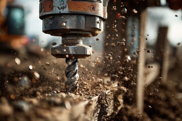 Driver uses hydraulic hammer to pound fence posts into hard soil at a construction site