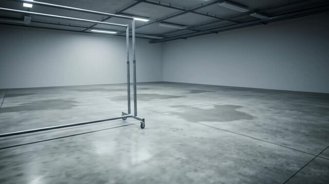 Solitary garment rail in vast vacant hall in monochrome palette 