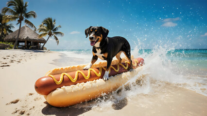 Hund surft auf Hotdog durch tropische Wellen – Cooles Wallpaper – Abstraktes Fantasie Hintergrundbild