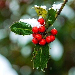 Red berries with snow on holly leaves