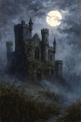 Fototapeta premium A haunted, ivy-covered gothic castle ruin standing desolate under a full moon on a spooky and misty night