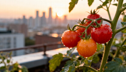Close-Up of Fresh Cherry Tomatoes Ripening on Rooftop Garden Vine &ndash; Urban Farming and Organic City Food at Sunset