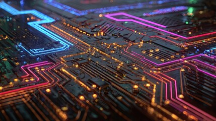 Obraz premium Hyper-realistic circuit board pattern illuminated by pulsating neon lights
