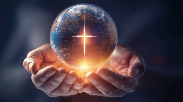 Hands holding a glowing globe with cross symbol in darkness  