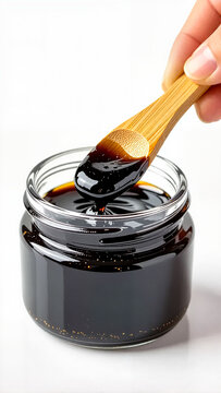 Hand holding wooden spatula, scooping shilajit resin from a glass jar, bright clean background, health and wellness concept.