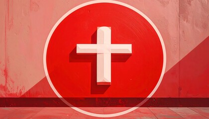 Red circle with a white cross on a textured wall