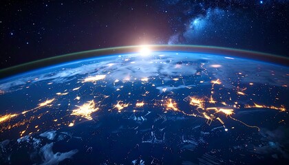 Obraz premium Earth seen from space at sunrise with city lights