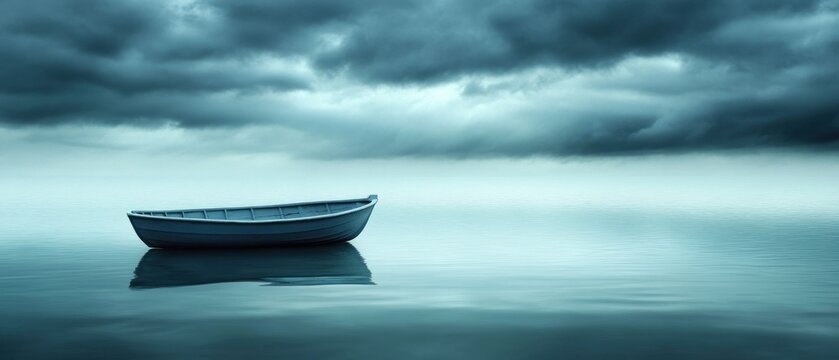 Blue rowboat on calm water under stormy sky tranquility nature minimalist design