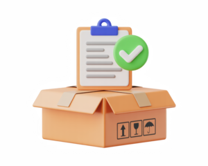 Cartoon clipboard with green checkmark on a cardboard box for shipping and delivery concept render on transparent background
