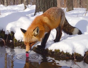 Red fox drinking water in snowy forest