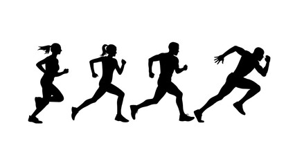 Running man and woman silhouettes set. Male and female runners figure shapes. Bare and naked slim healthy people work out