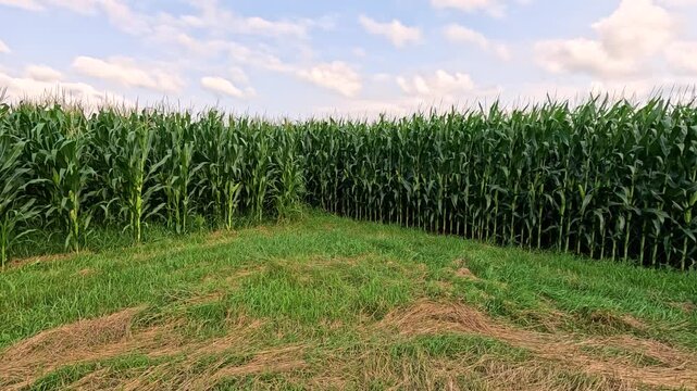 Tasseling Cornfield Forming Outer Walls Around Yard Corner, Panning Across