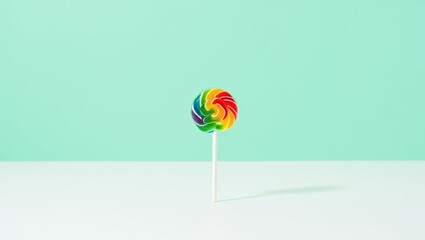 Vibrant rainbow swirl lollipop candy on a stick in a minimalist setting against a pastel mint green background with copy space
