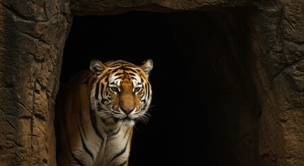 A curious Bengal tiger peeks out from the dark mouth of its cave, observing its surroundings with keen predator instincts and watchful eyes