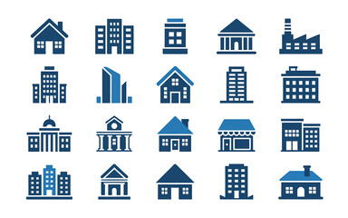 A collection of 20 modern minimalist building icons for architectural design and real estate