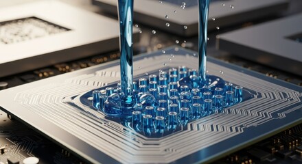 Macro shot of liquid coolant entering microchannels embedded in supercomputer processor units showcasing innovative heat extraction techniques.