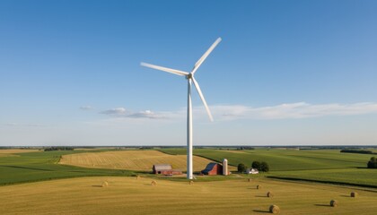 Fototapeta premium Medium shot of a horizontalaxis wind turbine spinning gracefully against a clear sky capturing sustainable energy generation on a sprawling rural farm.