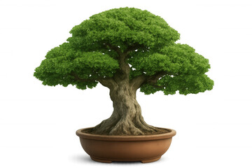 Lush bonsai tree with vibrant green leaves thriving in a terracotta pot, isolated on a transparent background