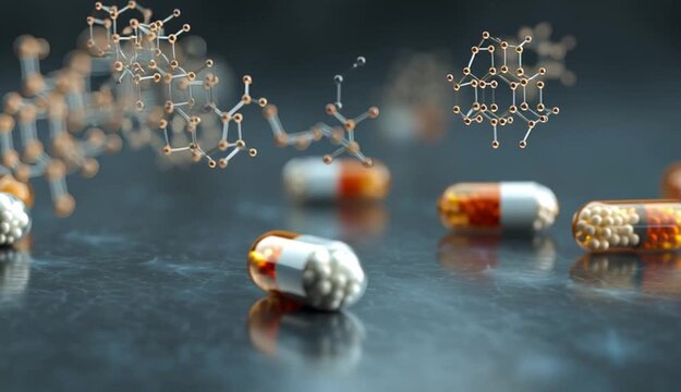 Close-up of assorted pharmaceutical capsules with selective focus, medical concept. Intricate molecular connections, biomedical theme
