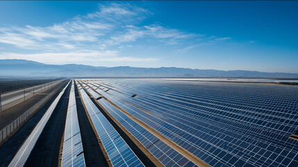 Vast solar farm under clear blue sky, endless rows of panels reflecting sunlight, eco-futuristic aerial view
